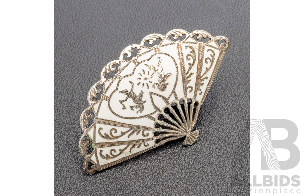 Vintage Sterling Silver And White Enamel Siam Fan Brooch