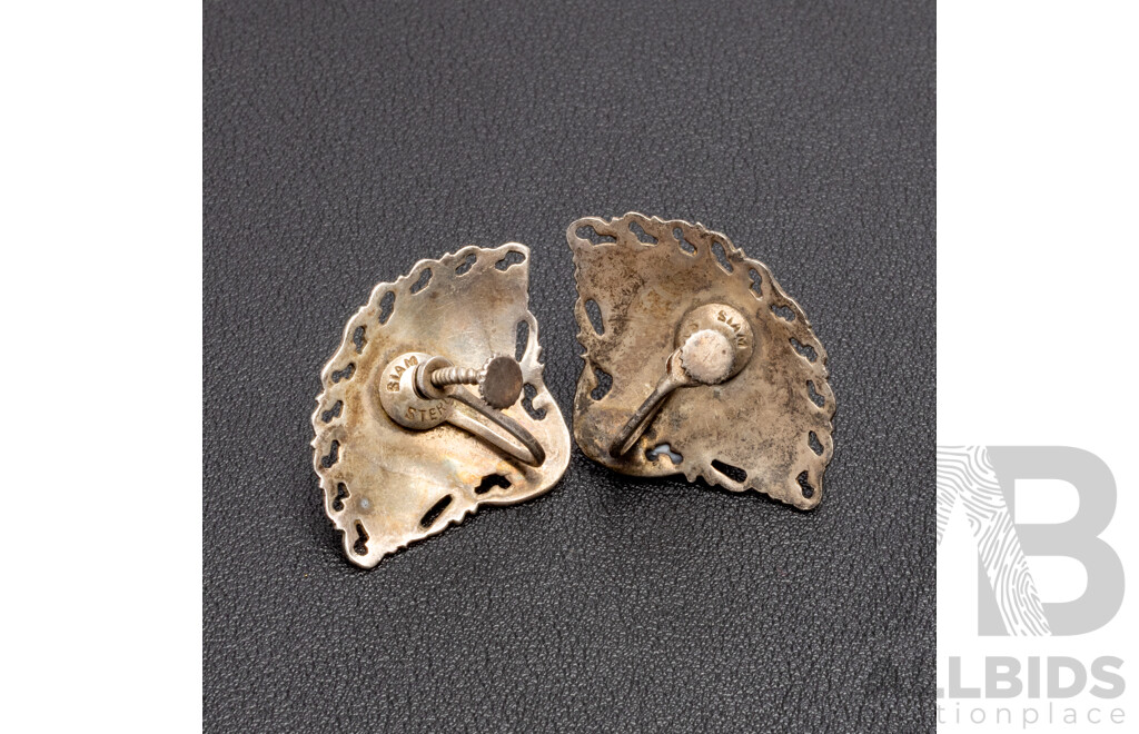 Vintage Sterling Silver And White Enamel Siam Pair Of Earrings