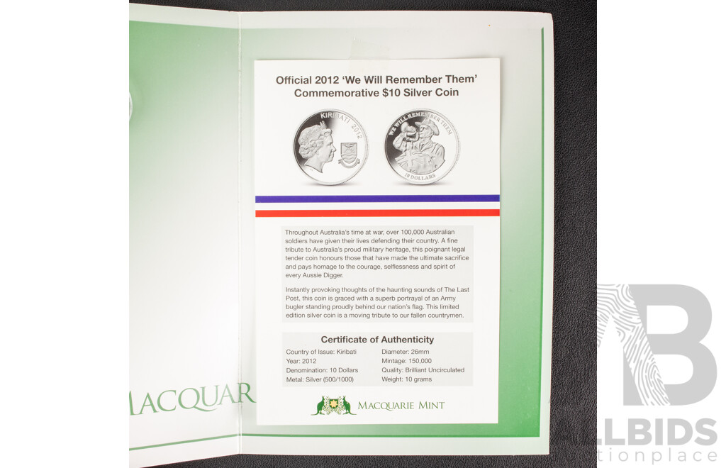 Australian 2012 Silver Ten Dollar Coin, We Will Remember Them