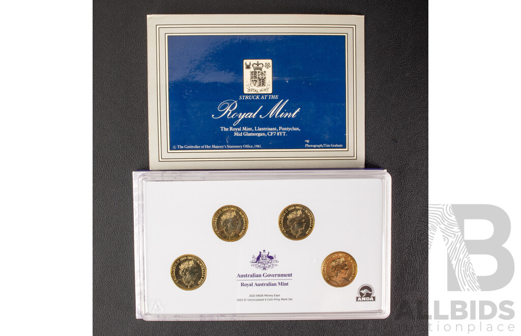 Australian ANDA 2023 Four One Dollar Coins Mint Marked Set with 1981 UK Crown Royal Wedding