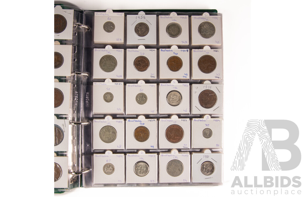 Album of Australian Collectable Coins Including Pedecimal Silver, 1920 Double Dot Penny, 1927 Commemorative, 1939 Florins, 1918M Sixpence, 1988 Five Dollar Coin and More!