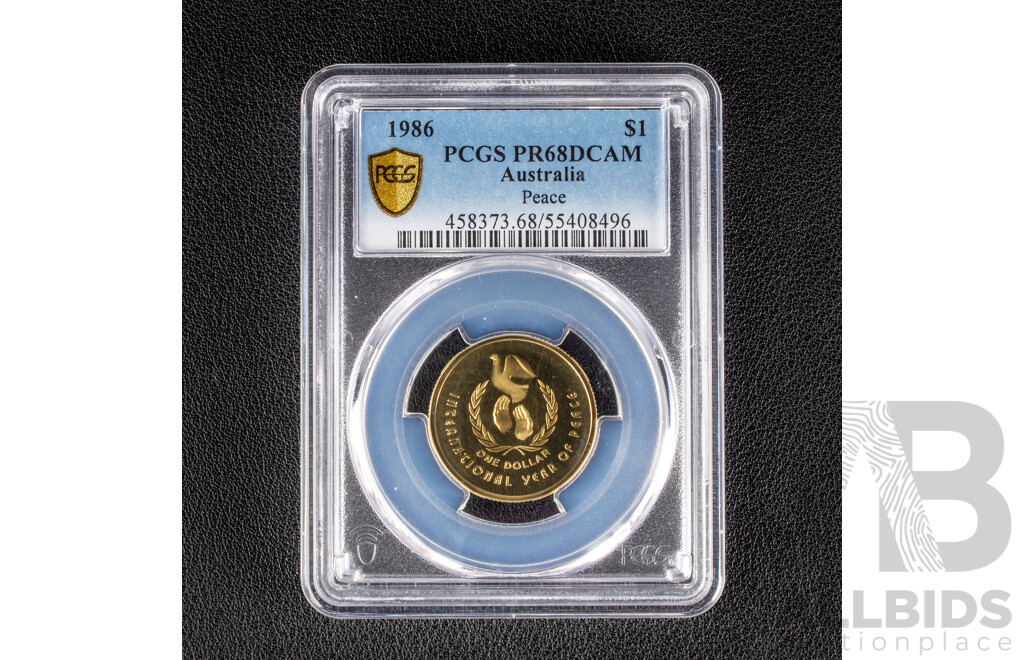 Australian RAM 1986 One Dollar Coin, Year of Peace, PCGS PR68 PROOF.