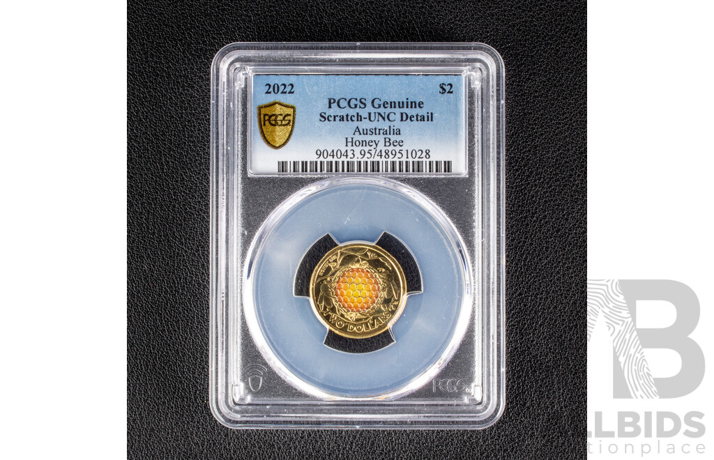 Australian 2022 Australian Two Dollar Coin Honey Bee, PCGS UNC scratch.