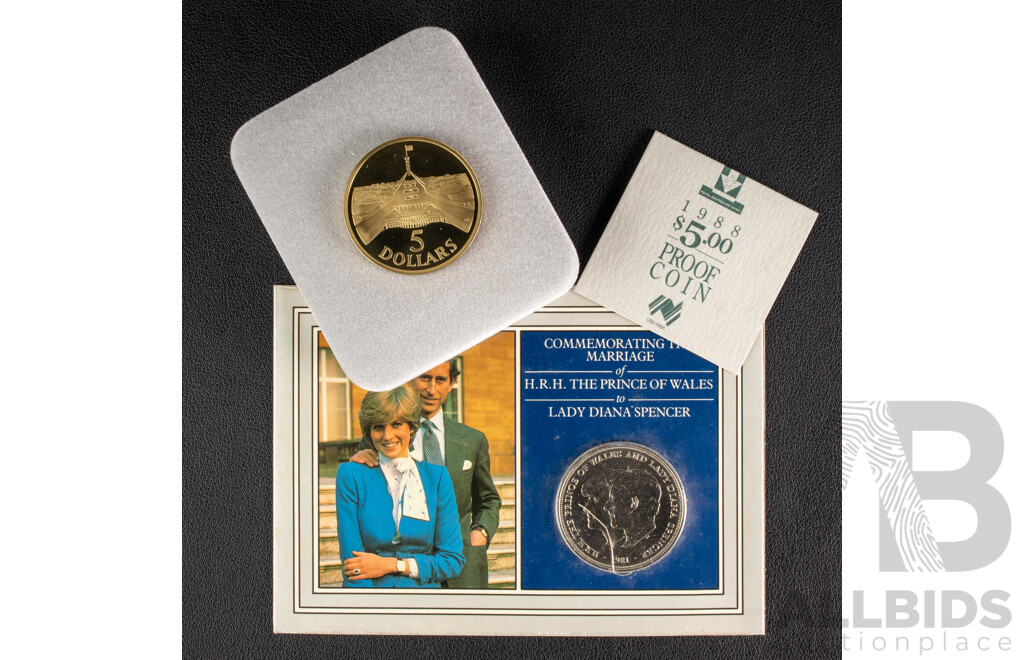 Australian RAM 1988 Five Dollar Proof Coin, New Parliament House, 1981 Fifty Cent, Charles and Diana