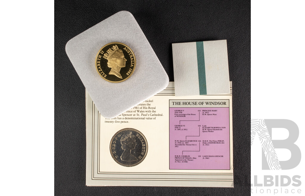Australian RAM 1988 Five Dollar Proof Coin, New Parliament House, 1981 Fifty Cent, Charles and Diana