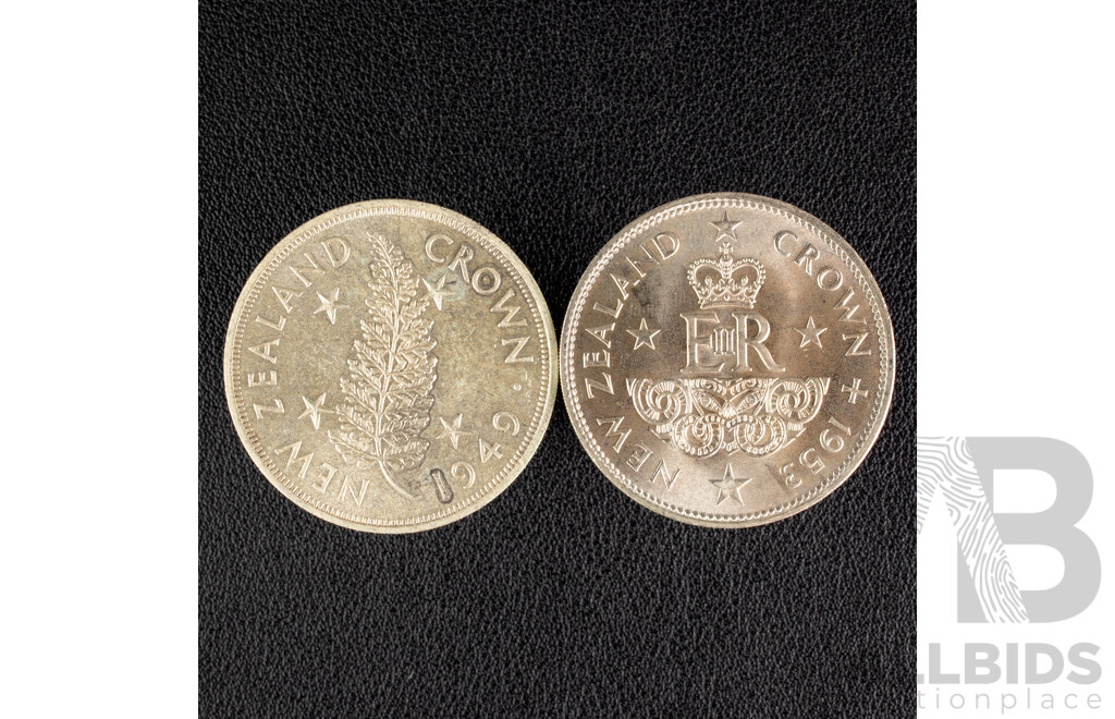 New Zealand 1949 and 1953 crowns.VF, UNC.
