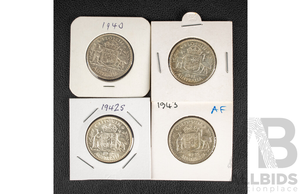 Four Australian 1940's Silver Florins. 1940, 1941, 1942S, 1943, High Grade