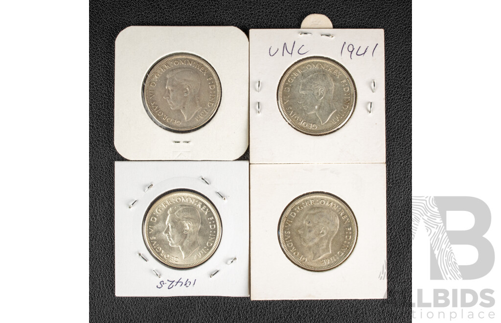 Four Australian 1940's Silver Florins. 1940, 1941, 1942S, 1943, High Grade