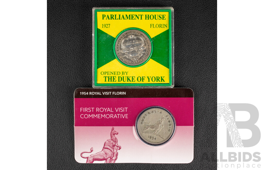 Two Australian Silver Florins, 1927 Canberra Parliament House and 1954 Royal Visit 