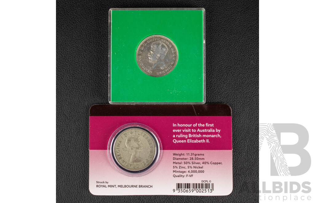 Two Australian Silver Florins, 1927 Canberra Parliament House and 1954 Royal Visit 