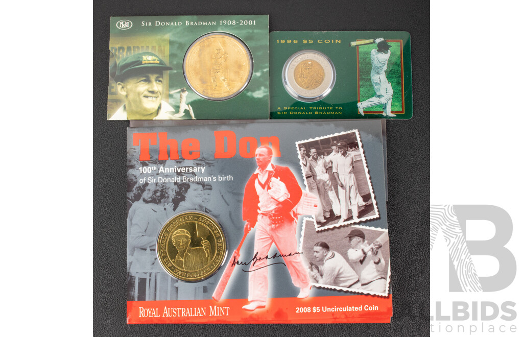 Three Australian Five Dollar Bradman coins 1996, 2001, 2008