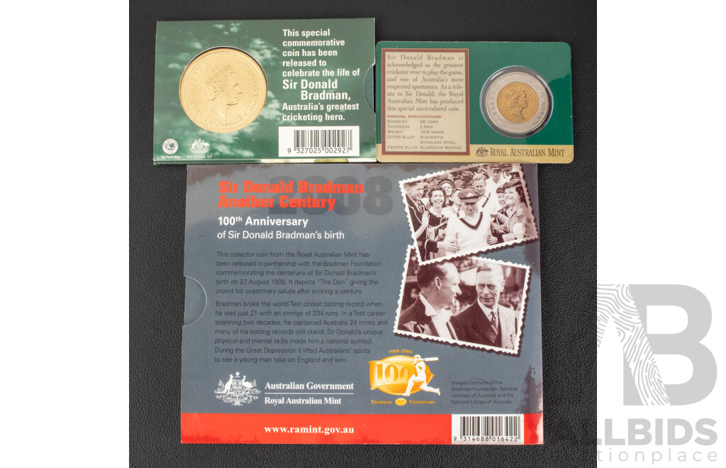 Three Australian Five Dollar Bradman coins 1996, 2001, 2008