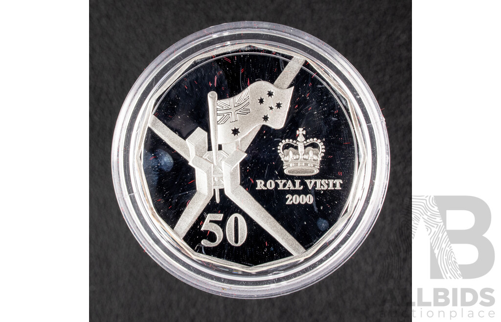 Australian RAM 2000 Silver Proof Fifty Cent Coin and Crown, Royal Visit.