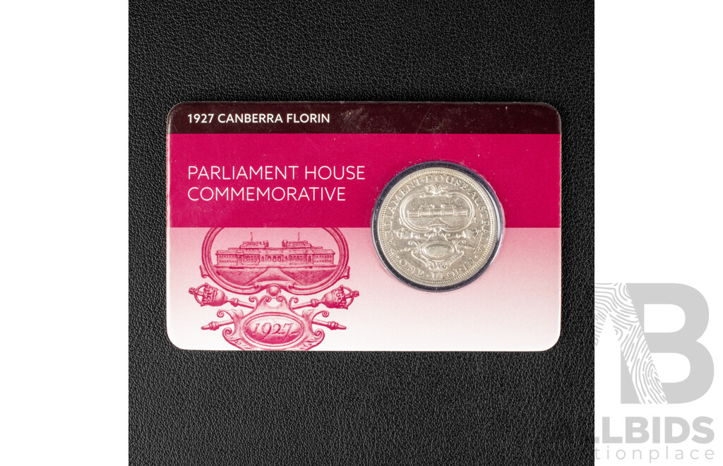 Australian 1927 Silver Florin, Canberra Carded, F/VF .925