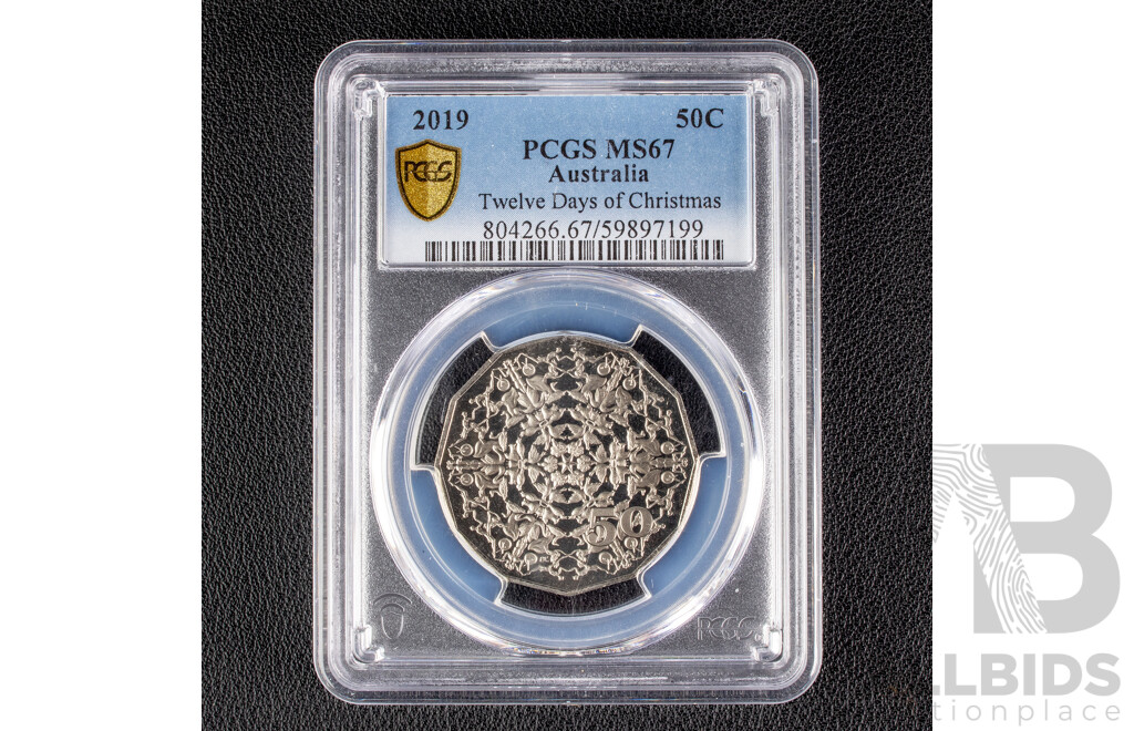 Australian RAM 2019 Twelve Days of Christmas Fifty Cent Coin.PCGS MS 67, GEM. 40.