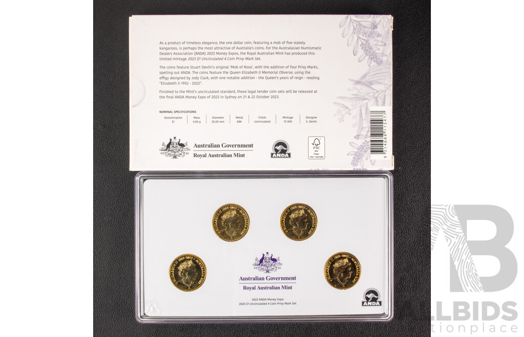 Australian 2023 Four Coin Mint Marked One Dollar Coins, QE2 Effigies