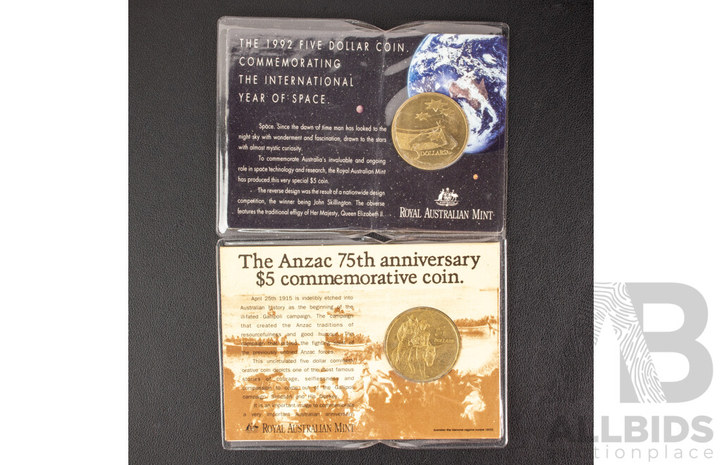 Two Australian RAM UNC Five Dollar Coins 1990 and 1991