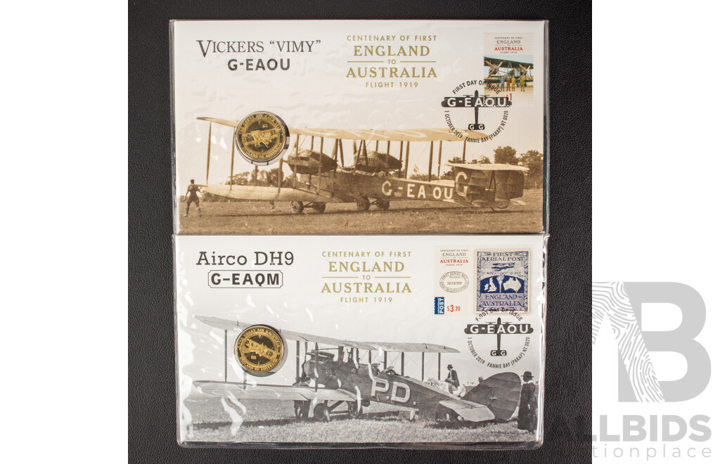 Australia 2019 England to Australia First Flight. Two One Dollar Coins and Stamps.