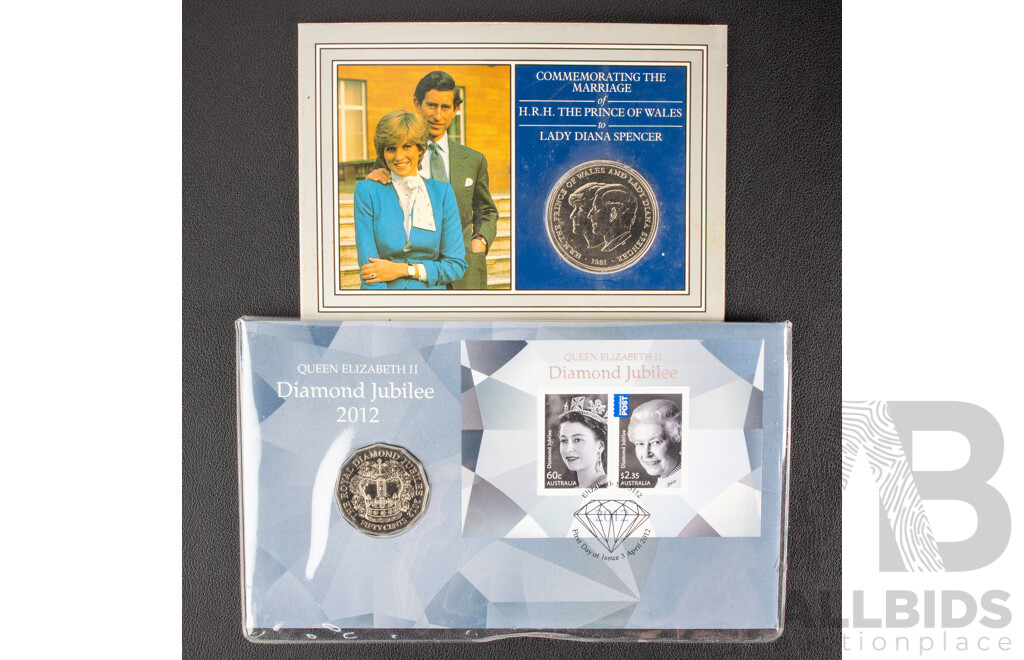Australian RAM 2012 Fifty cent coin, QE2 Diamond Jubilee and 1981 Royal Wedding UK crown