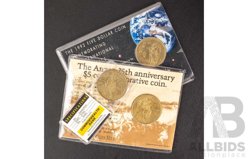 Three Australian RAM Five Dollar Coins, 1988, 1992, 2000