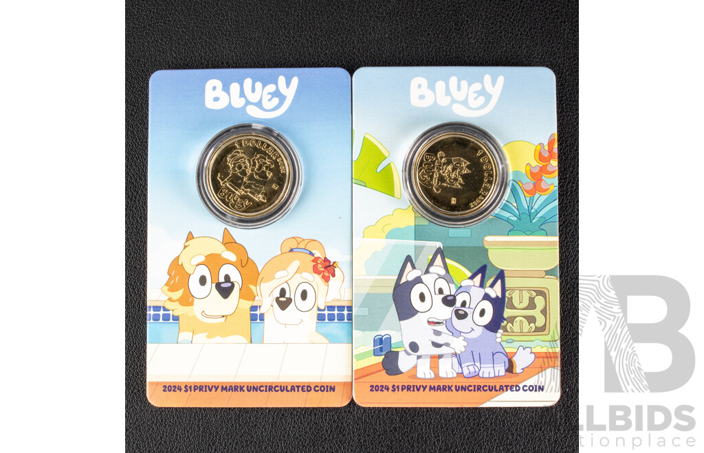 Two Australian RAM 2024 Commemorative One Dollar Coins, Bluey and Friends Dollar Bucks, Both Privy Marked