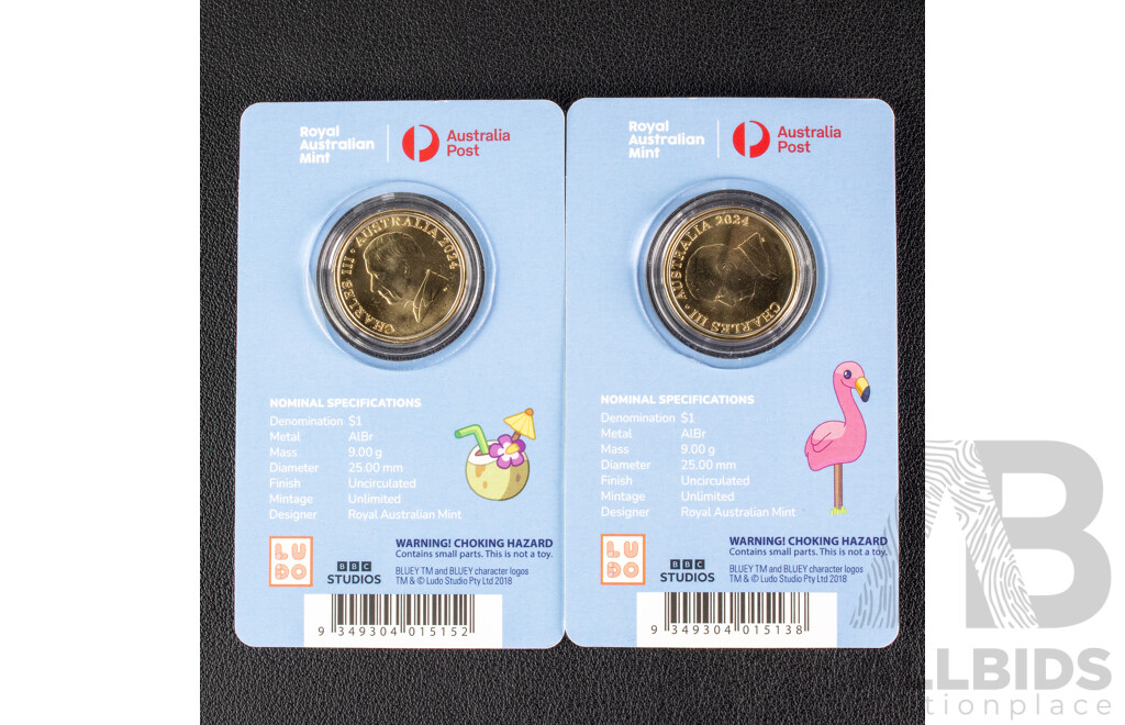 Two Australian RAM 2024 Commemorative One Dollar Coins, Bluey and Friends Dollar Bucks, Both Privy Marked