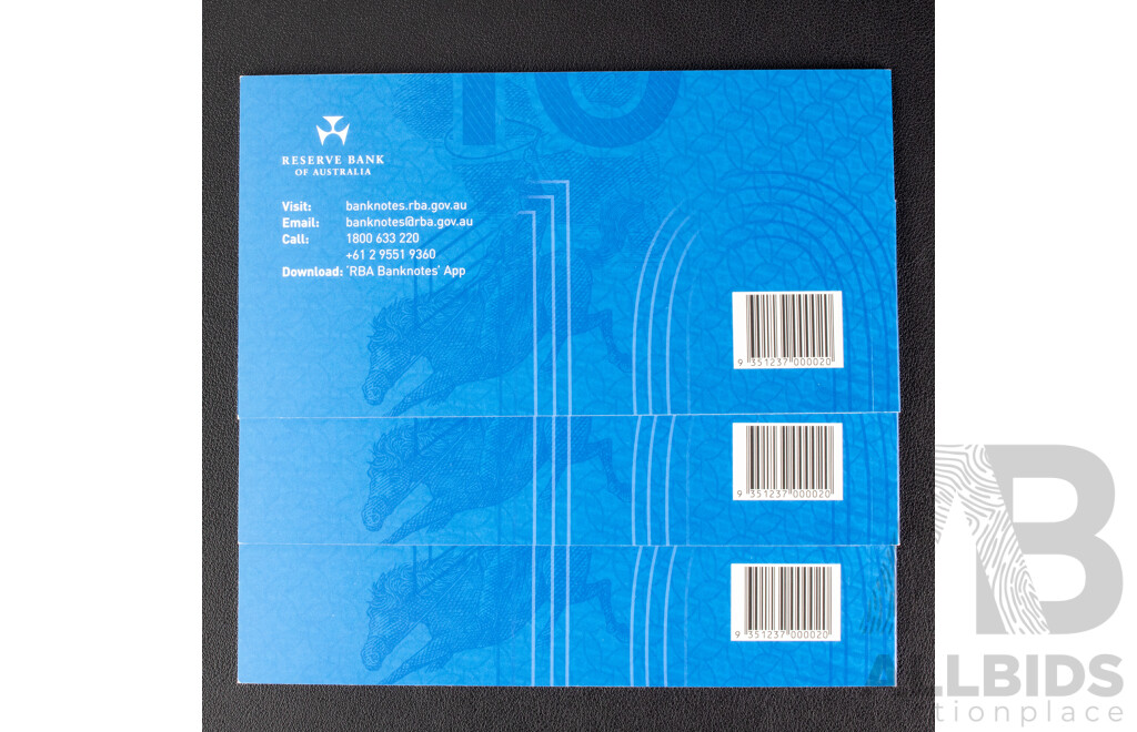 Three Australian 2017 Ten Dollar Next Generation Bank Notes, Lowe/Fraser, Consecutive BB10629755 - BB10629757