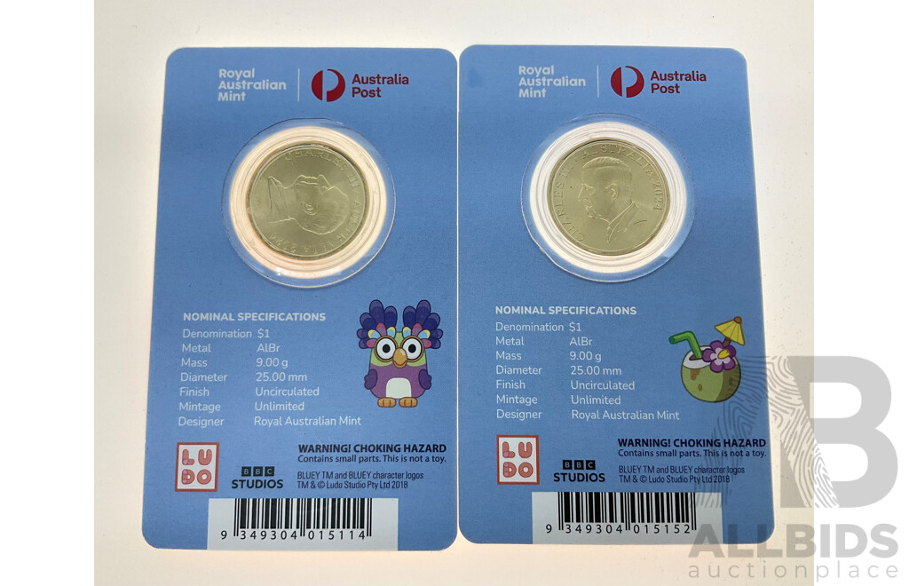 Five Australian RAM 2024 One Dollar Coins, Bluey Dollar Bucks with Privy Marks