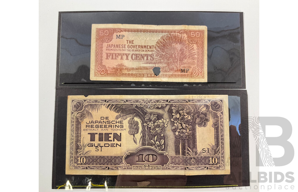 Two Japanese WW2 Occupation Notes, Fifty Cents and Ten Gulden