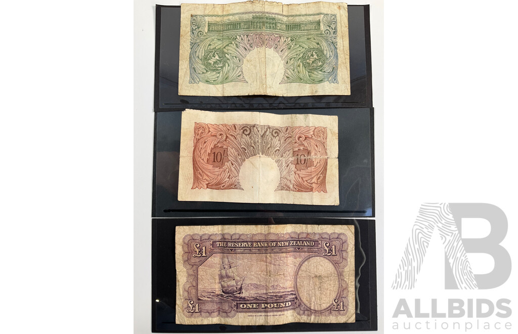 Three Vintage Banknotes Including Two Great Britain, One Pound, Ten Shillings and New Zealand One Pound