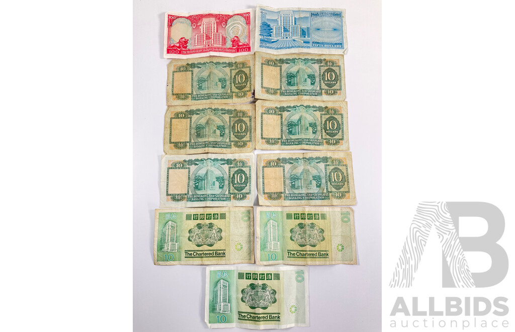 Collection of Hong Kong Banknotes Including 1979 One Hundred Dollars, 1979 Fifty Dollars, Six 1977 Ten Dollars, Three 1980 Ten Dollars