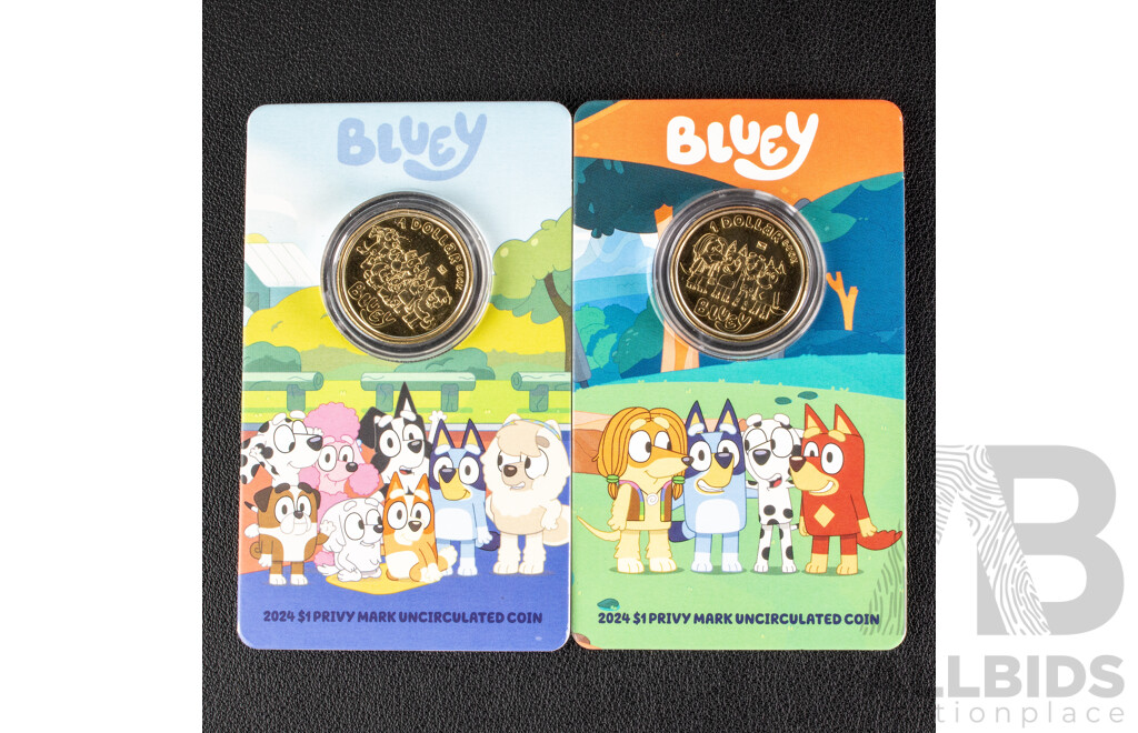Two Australian RAM 2024 Commemorative One Dollar Coins, Bluey and Friends Dollar Bucks, Both Privy Marked