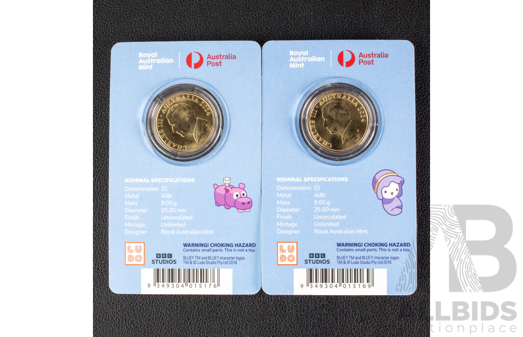 Two Australian RAM 2024 Commemorative One Dollar Coins, Bluey and Friends Dollar Bucks, Both Privy Marked