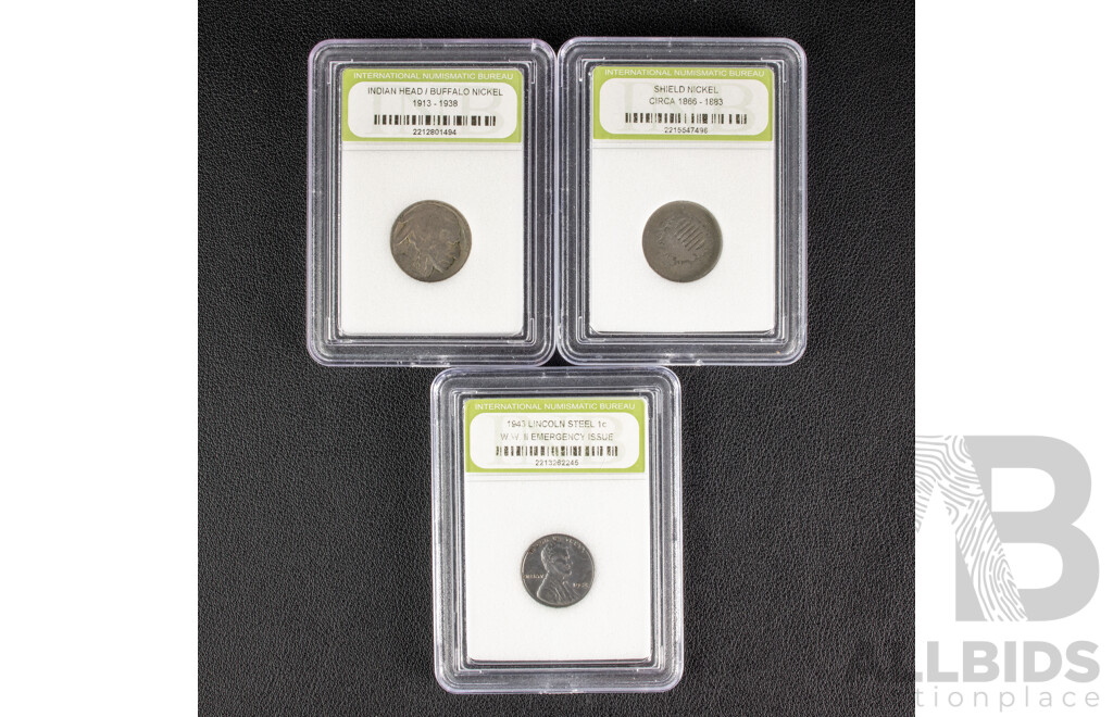 Three USA Collectable Coins Including 1867 Shield Nickel, Indian Head/Buffalo Nickle, 1943 Steel One Cent, WW2 Emergency Issue