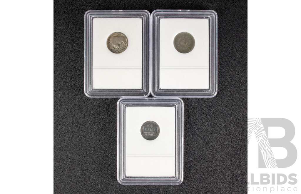Three USA Collectable Coins Including 1867 Shield Nickel, Indian Head/Buffalo Nickle, 1943 Steel One Cent, WW2 Emergency Issue