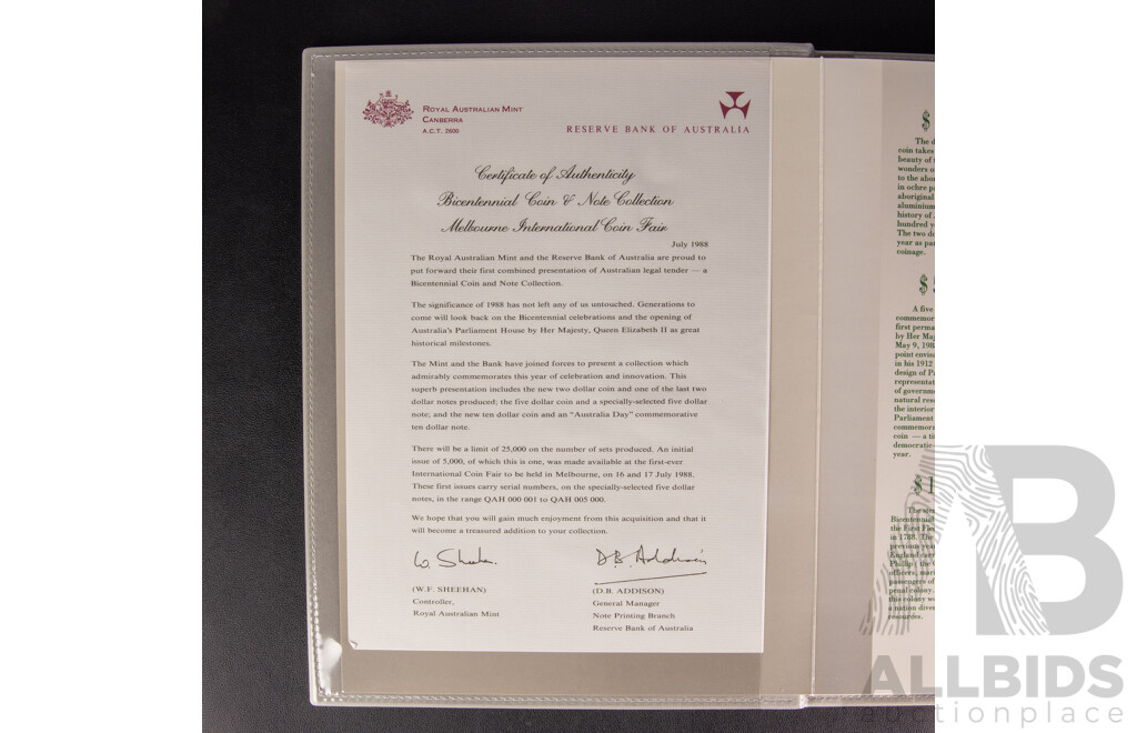 Australian RAM 1988 Bicentennial Coin and Note Collection Folder, Includes Silver Ten Dollar Coin and Commemorative Ten Dollar Note