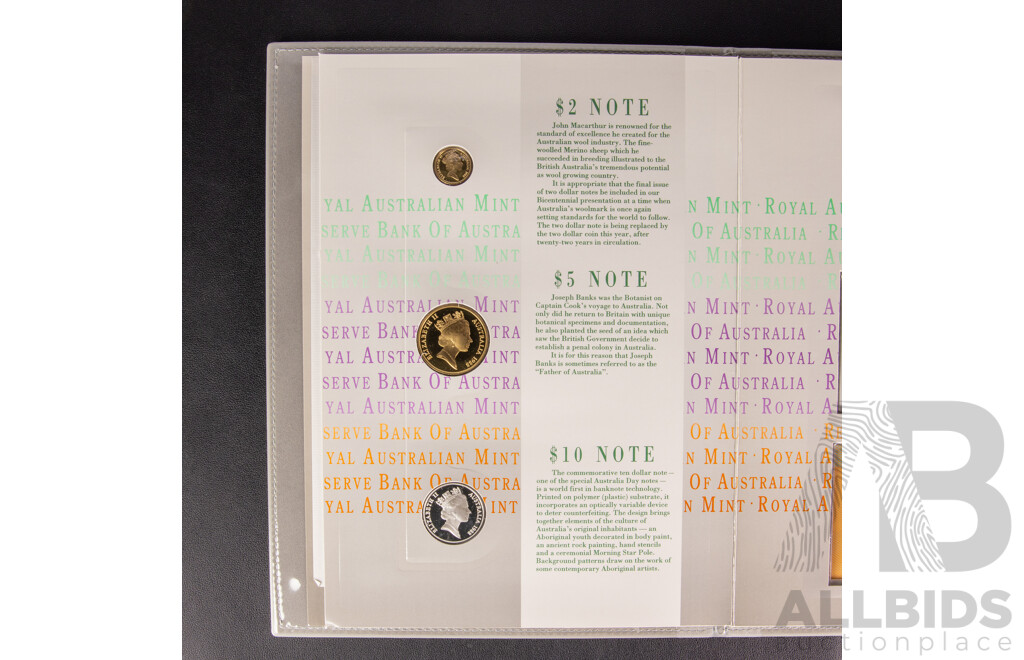 Australian RAM 1988 Bicentennial Coin and Note Collection Folder, Includes Silver Ten Dollar Coin and Commemorative Ten Dollar Note