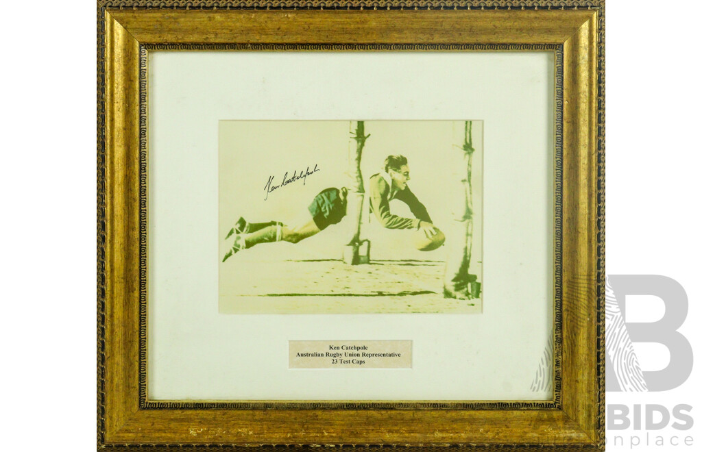 Signed Ken Catchpole (20th Century, Australian, 1939-2017) Australian Rugby Union Representative 23 Test Caps, Signed and Framed Photograph, 42 x 47 cm (frame)