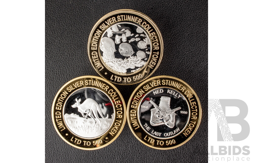 Three Australian Silver Stunner Tokens Including Ned Kelly, Great Barrier Reef and Australian Kangaroo
