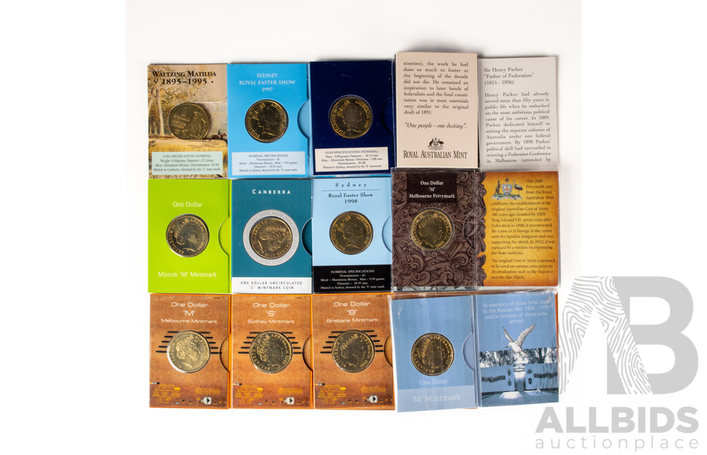 Collection of Australian Commemorative Mint Marked One Dollar Coins Including Two 1996 Sir Henry Parkes C and S Mint Marks, Three 2006 Fifty Years of Television M, S, B, Commonwealth Games M, 1998 Howard Florey S