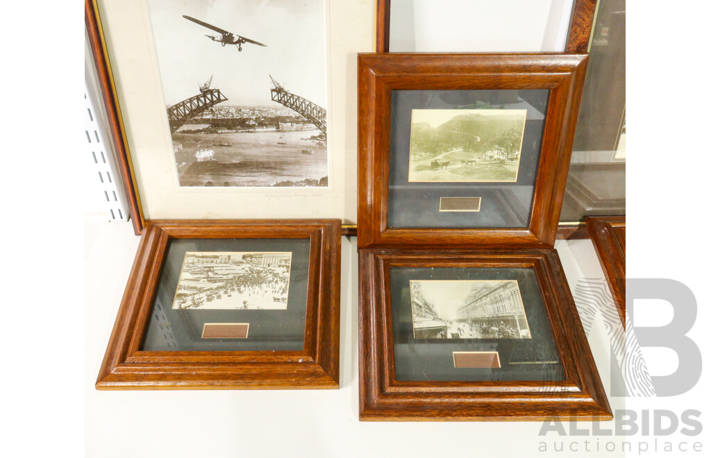 Six Timber Framed Pictures Depicting Early Sydney and Surrounds Including Sydney Harbor Bridge Construction, 1905 Darling Street Balmain, 1887 Blue Mountains Coaching Inn, Victoria Markets, George Street 1890