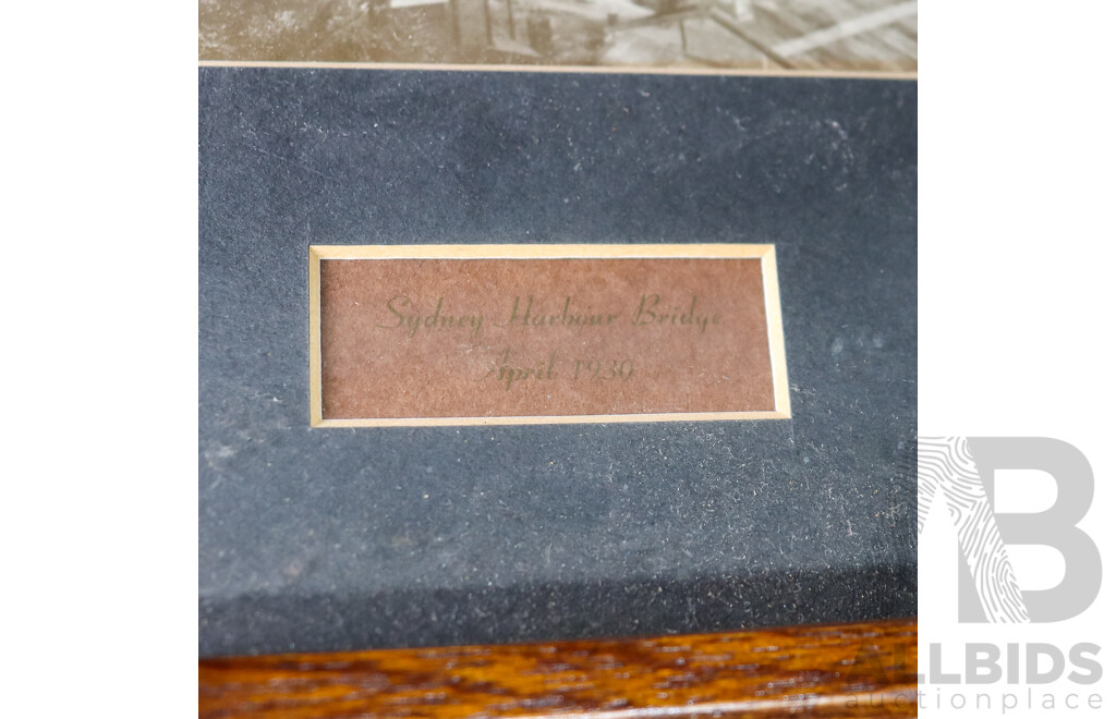 Six Timber Framed Pictures Depicting Early Sydney and Surrounds Including Sydney Harbor Bridge Construction, 1905 Darling Street Balmain, 1887 Blue Mountains Coaching Inn, Victoria Markets, George Street 1890