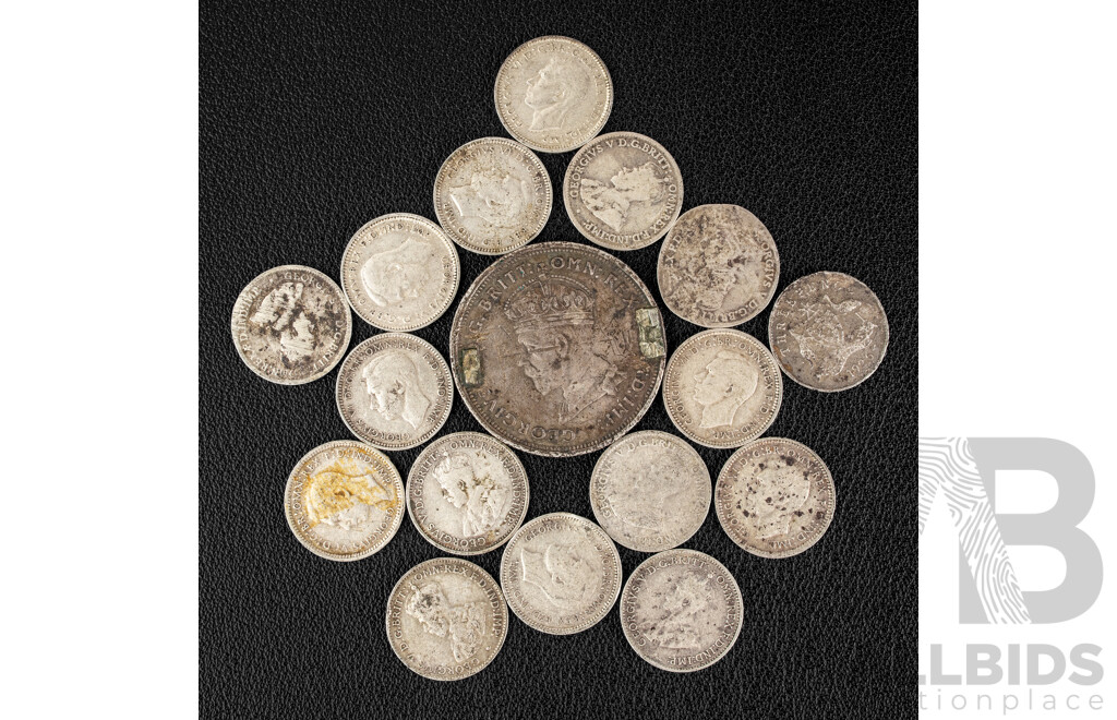 Australian Silver Coins Including 1927 Commemorative Florin, Sixteen Threepence, Examples Spanning 1921 to 1943  .925