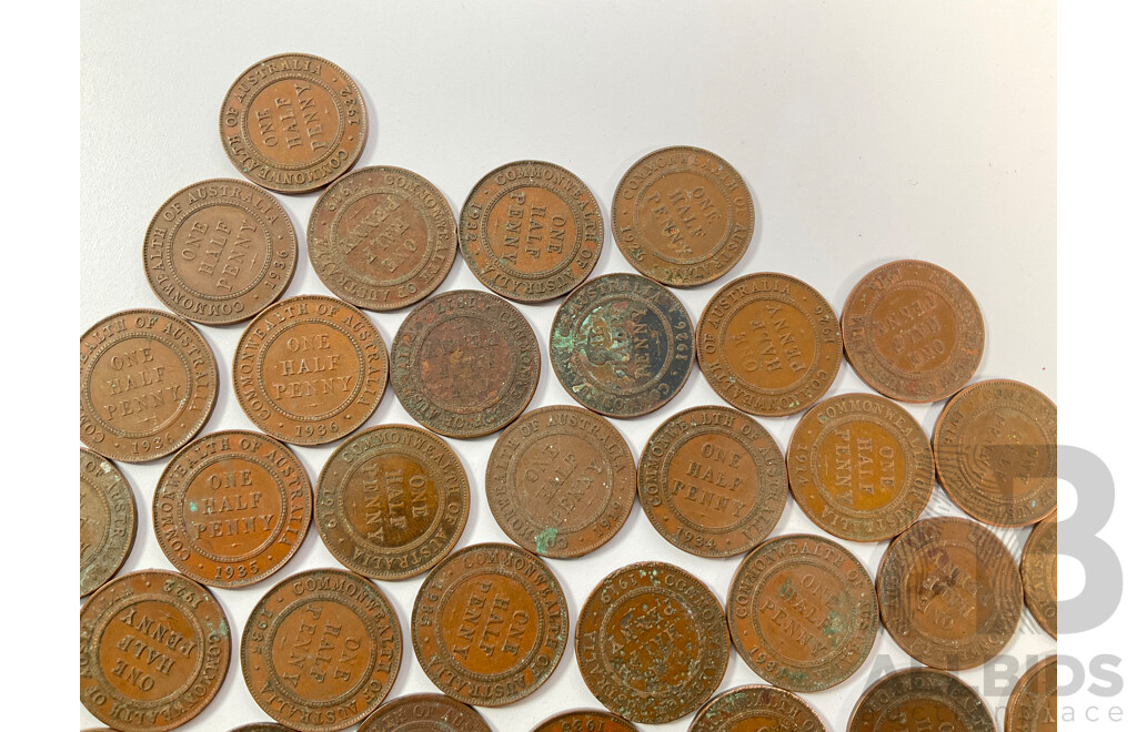 Collection of Australian KGV Half Pennies Including 1911, 1912, 1913, 1914, 1916, 1917I, 1919, 1920, 1921, 1922, 1926, 1932, 1933, 1934, 1935, 1936