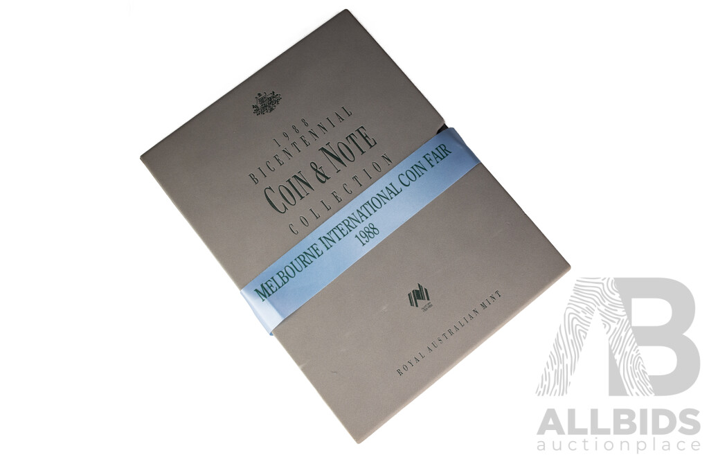 Australian RAM/RBA 1988 Bicentennial Coin and Note Collection Folder From Melbourne International Coin Fair Includes Silver Ten Dollar Coin and Commemorative Ten Dollar Note and Last Prefix Two Dollar Note LQG 871246