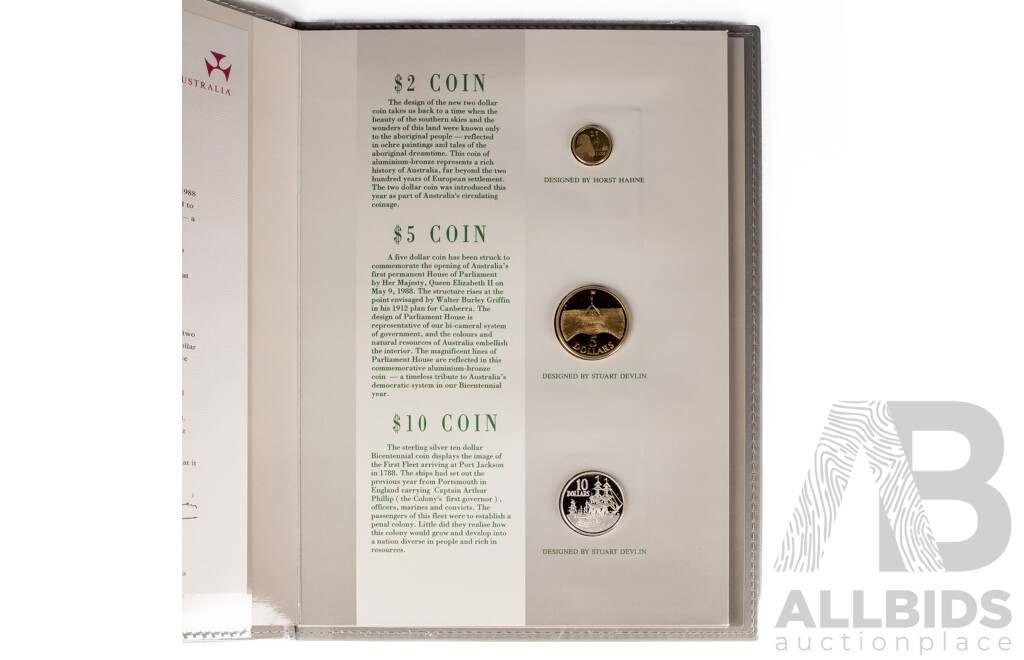 Australian RAM/RBA 1988 Bicentennial Coin and Note Collection Folder From Melbourne International Coin Fair Includes Silver Ten Dollar Coin and Commemorative Ten Dollar Note and Last Prefix Two Dollar Note LQG 871246