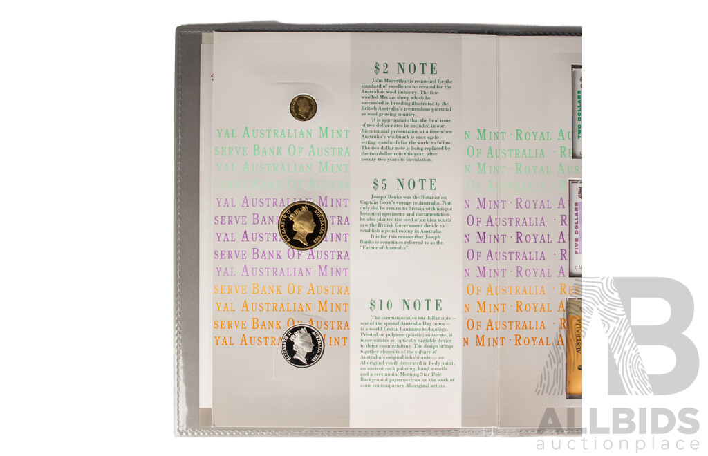 Australian RAM/RBA 1988 Bicentennial Coin and Note Collection Folder From Melbourne International Coin Fair Includes Silver Ten Dollar Coin and Commemorative Ten Dollar Note and Last Prefix Two Dollar Note LQG 871246