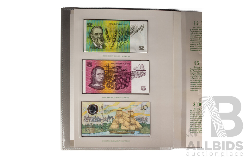 Australian RAM/RBA 1988 Bicentennial Coin and Note Collection Folder From Melbourne International Coin Fair  Includes Silver Ten Dollar Coin and Commemorative Ten Dollar Note and Last Prefix Two Dollar Note LQG 871246