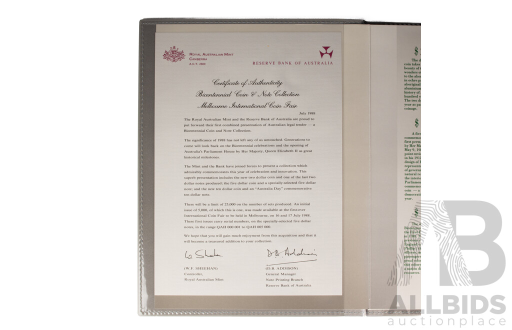 Australian RAM/RBA 1988 Bicentennial Coin and Note Collection Folder From Melbourne International Coin Fair  Includes Silver Ten Dollar Coin and Commemorative Ten Dollar Note and Last Prefix Two Dollar Note LQG 871246