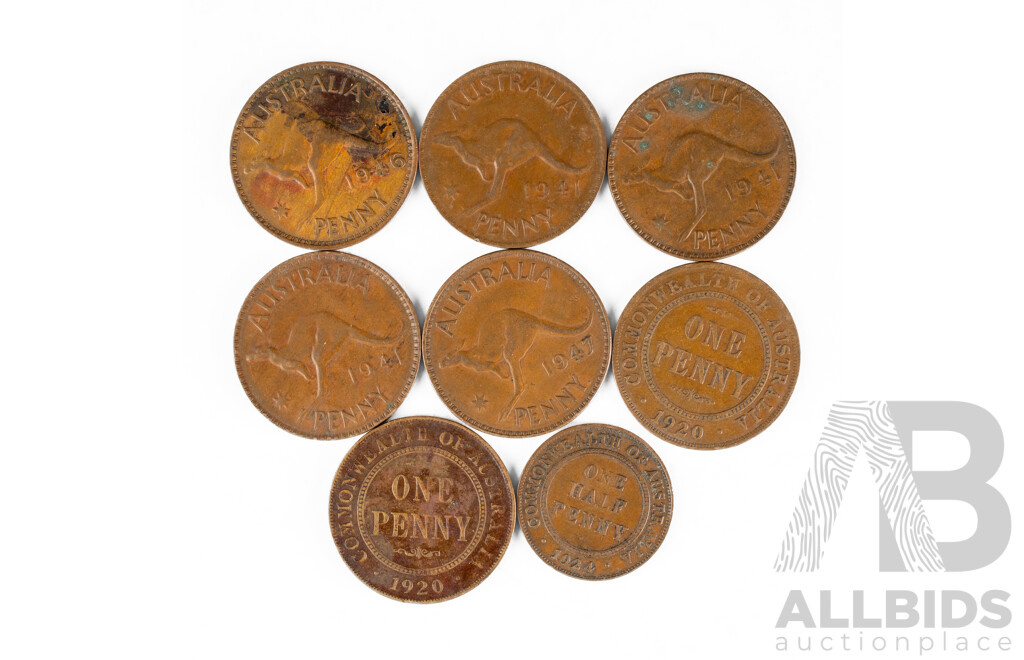 Australian Pennies Including 1946, 1941(3) 1920(2), 1947, Half Penny 1924